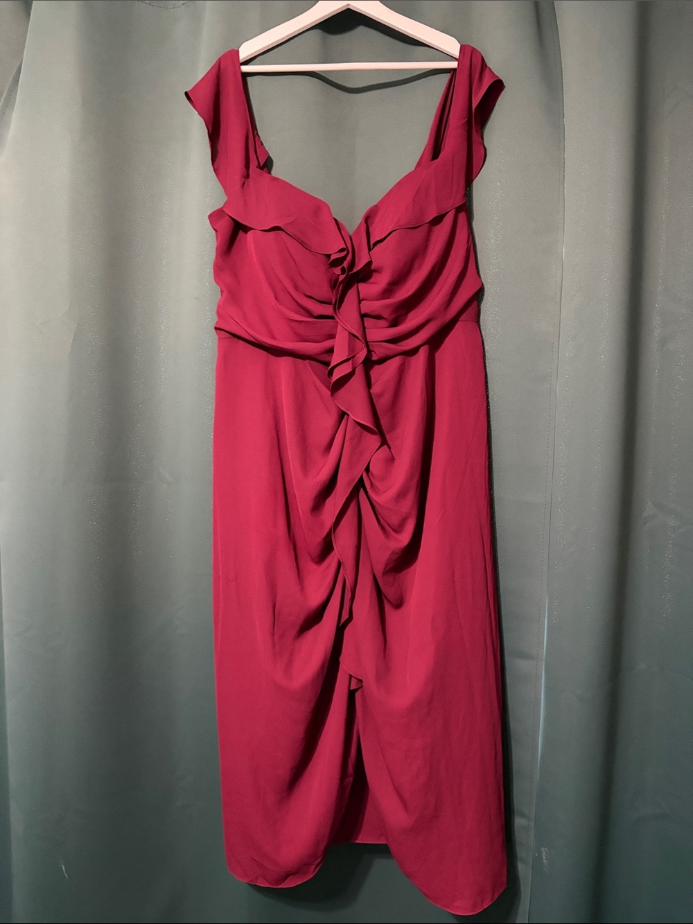City Chic Ruffled V-Neck Midi Dress in Berry
